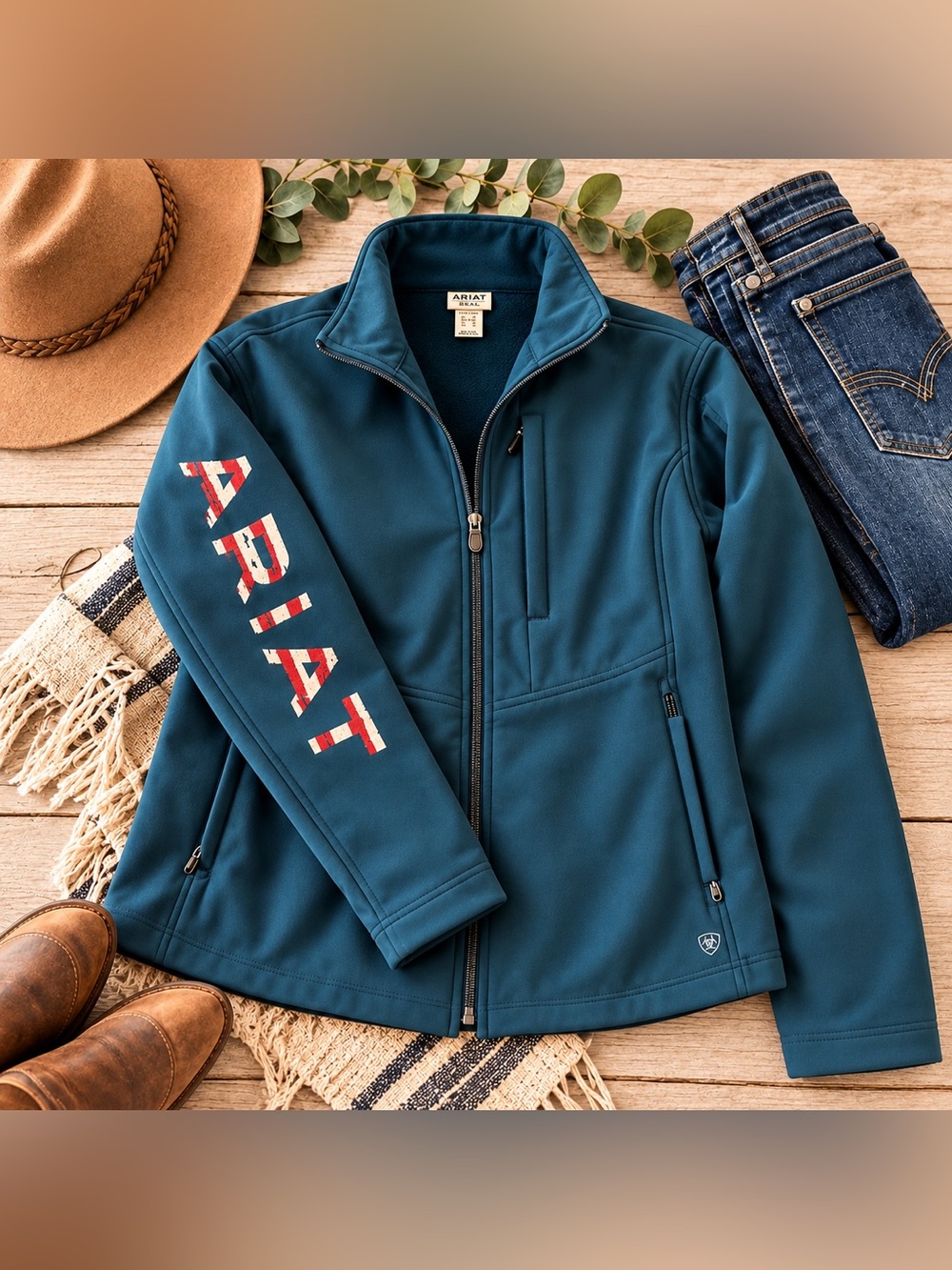 Ariat Teal Full-Zip Softshell Jacket with Flag Accent XL
